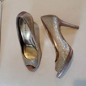 SIZE 7.5 gold open toe stilettos